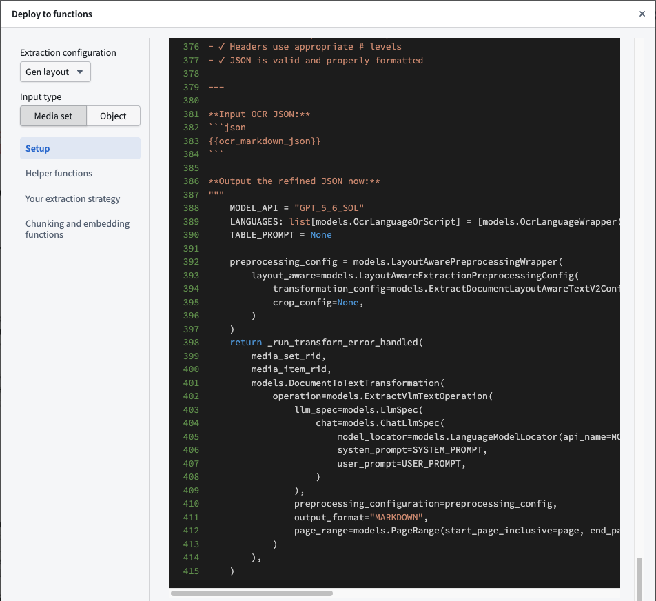 An example of available code snippets in the Deploy to functions panel in the AIP Document Intelligence application.