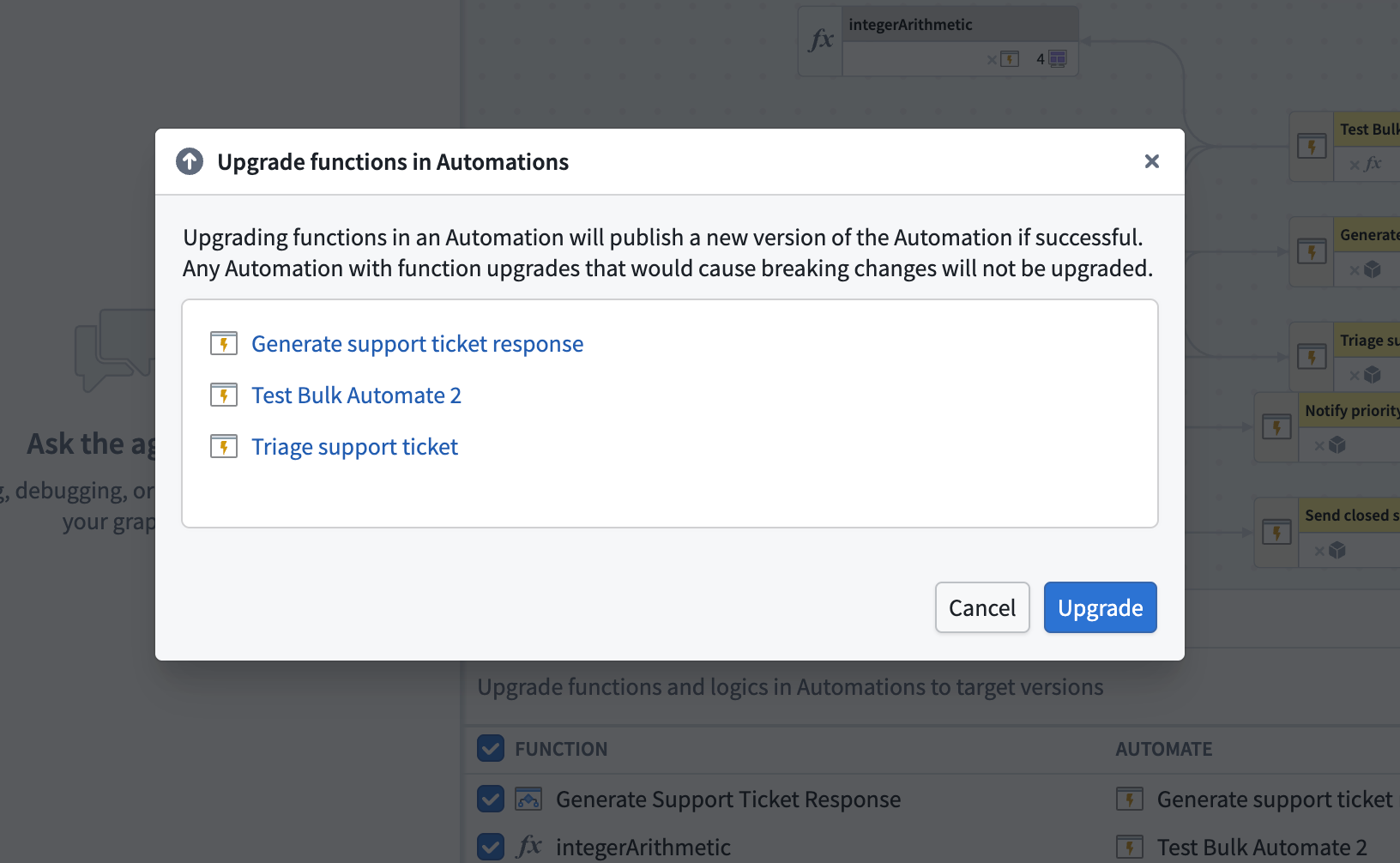 A pop-up window in Workflow Lineage lists which automations are queued for the upgrade.