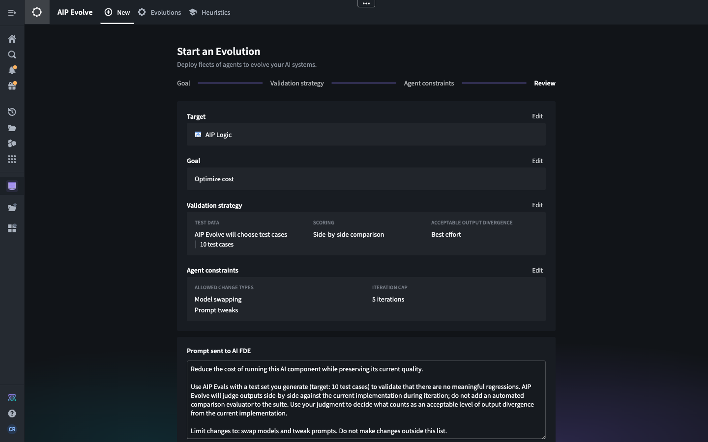 The AIP Evolve setup screen showing the Review stage with a fully specified evolution.