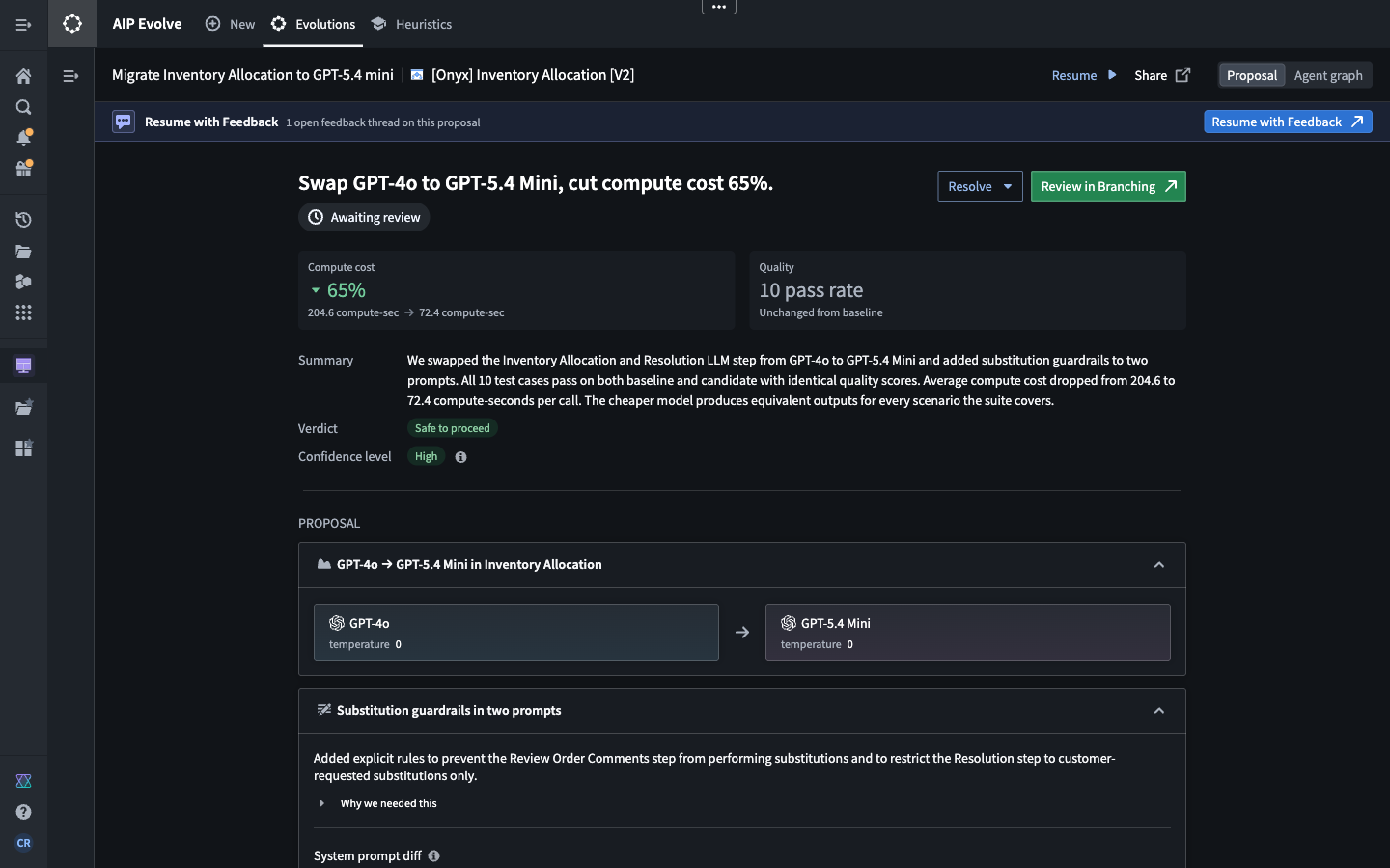 An example AIP Evolve proposal where the system presents a model swap for cost reduction and the evidence that supports why the change is safe to make.