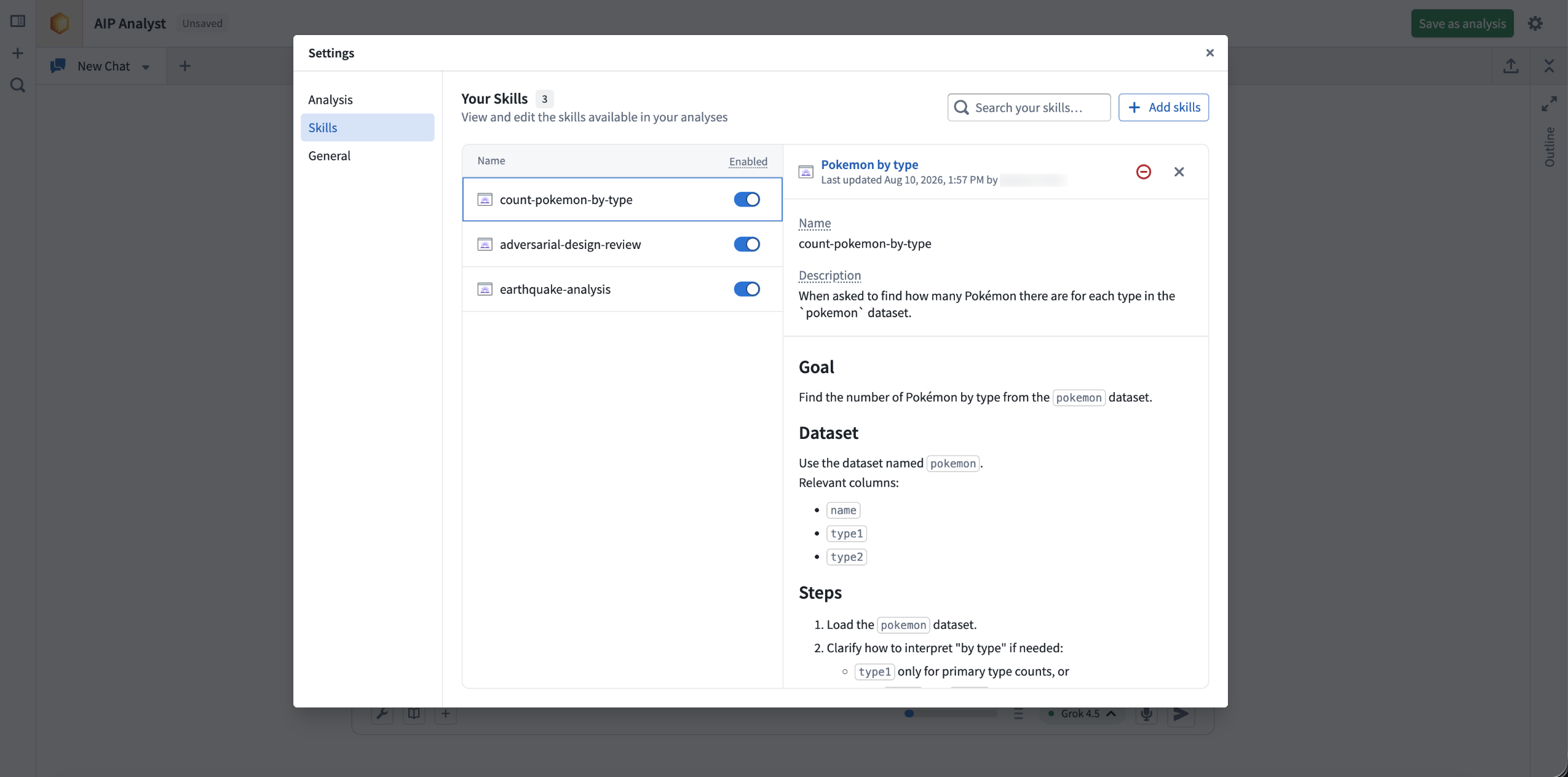 Configure what skills AIP Analyst has access to in the settings menu.