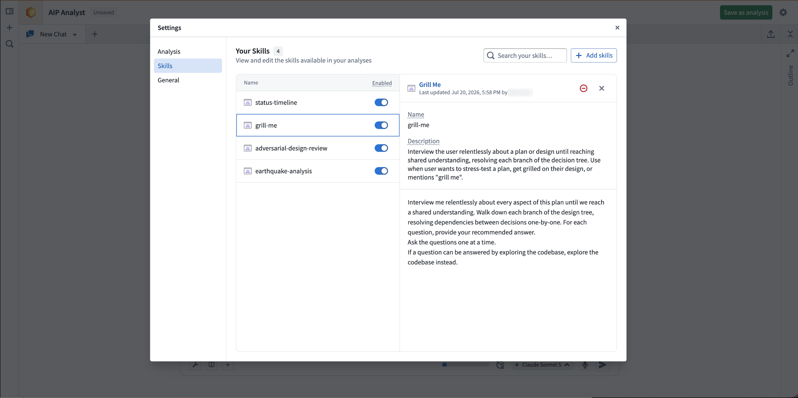 Configure what skills AIP Analyst has access to in the settings menu.