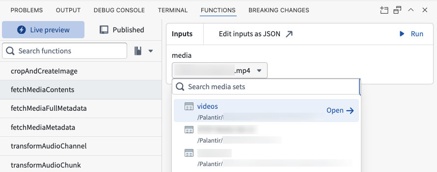 A function that takes a Media parameter shown in live preview with a media item selected.