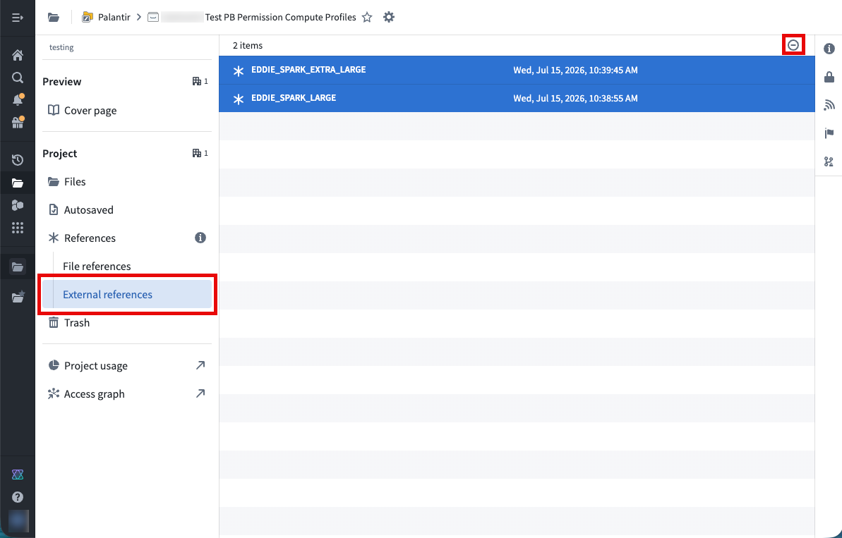Compass interface for external references showing the remove reference button minus sign.