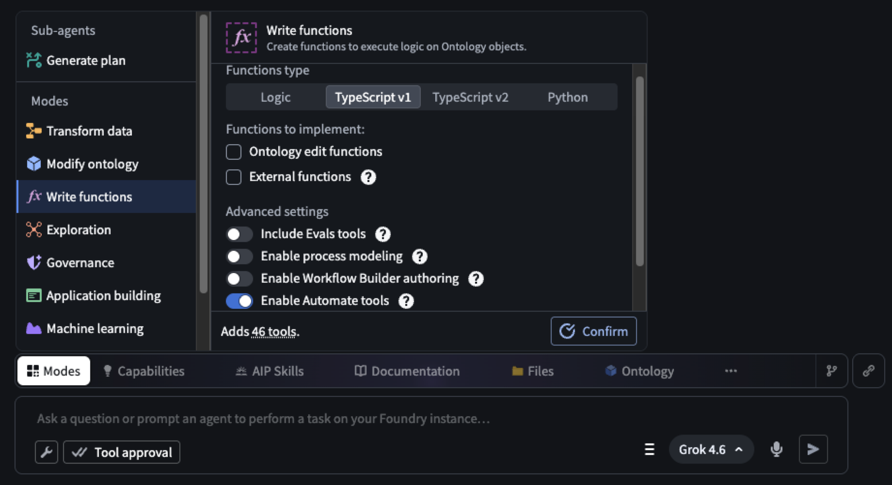 The Write functions mode in AI FDE with the option to enable Automate tools.