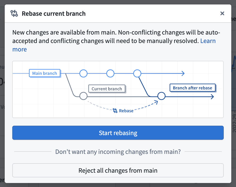 The rebase dialog lets builders start a visual rebase or reject all changes from main.