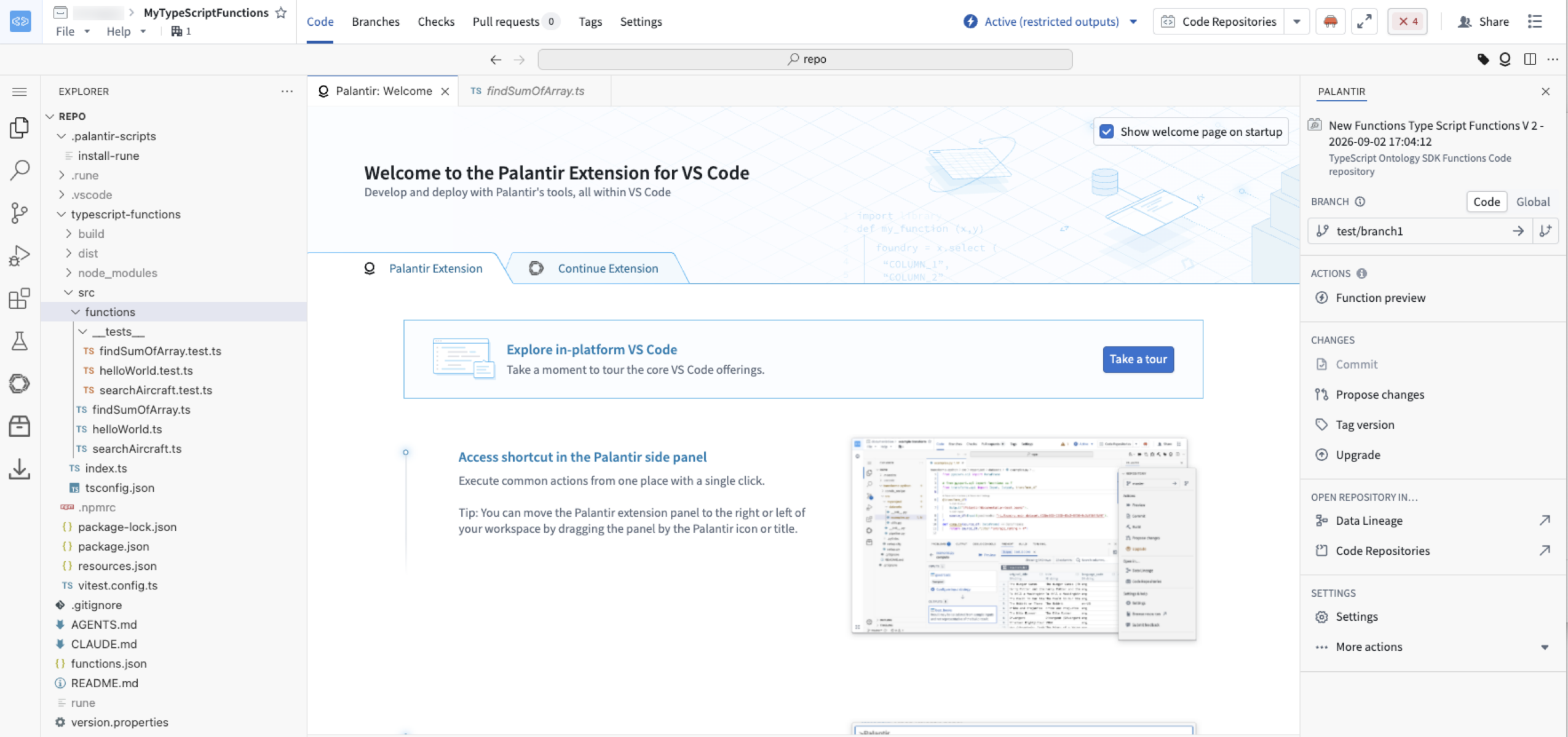 An example VS Code workspace displaying the default welcome page.