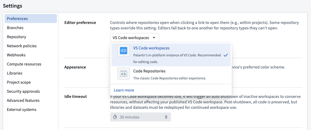 The Editor preference setting in a VS Code workspace.