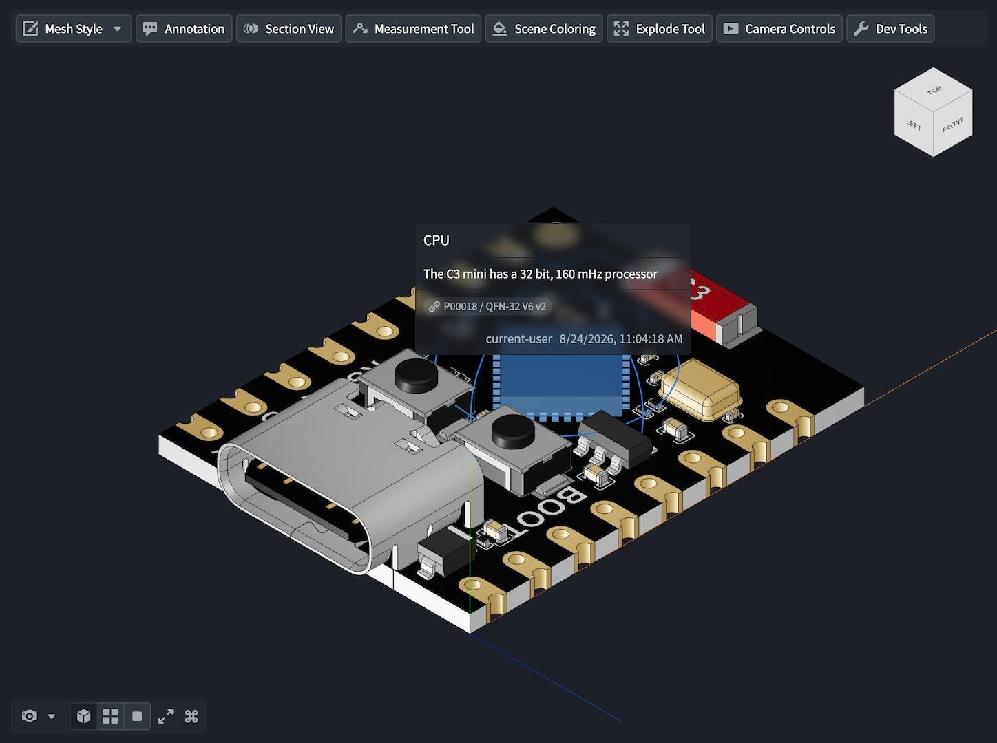 Annotations and measurements on a CAD model in Vulcan.