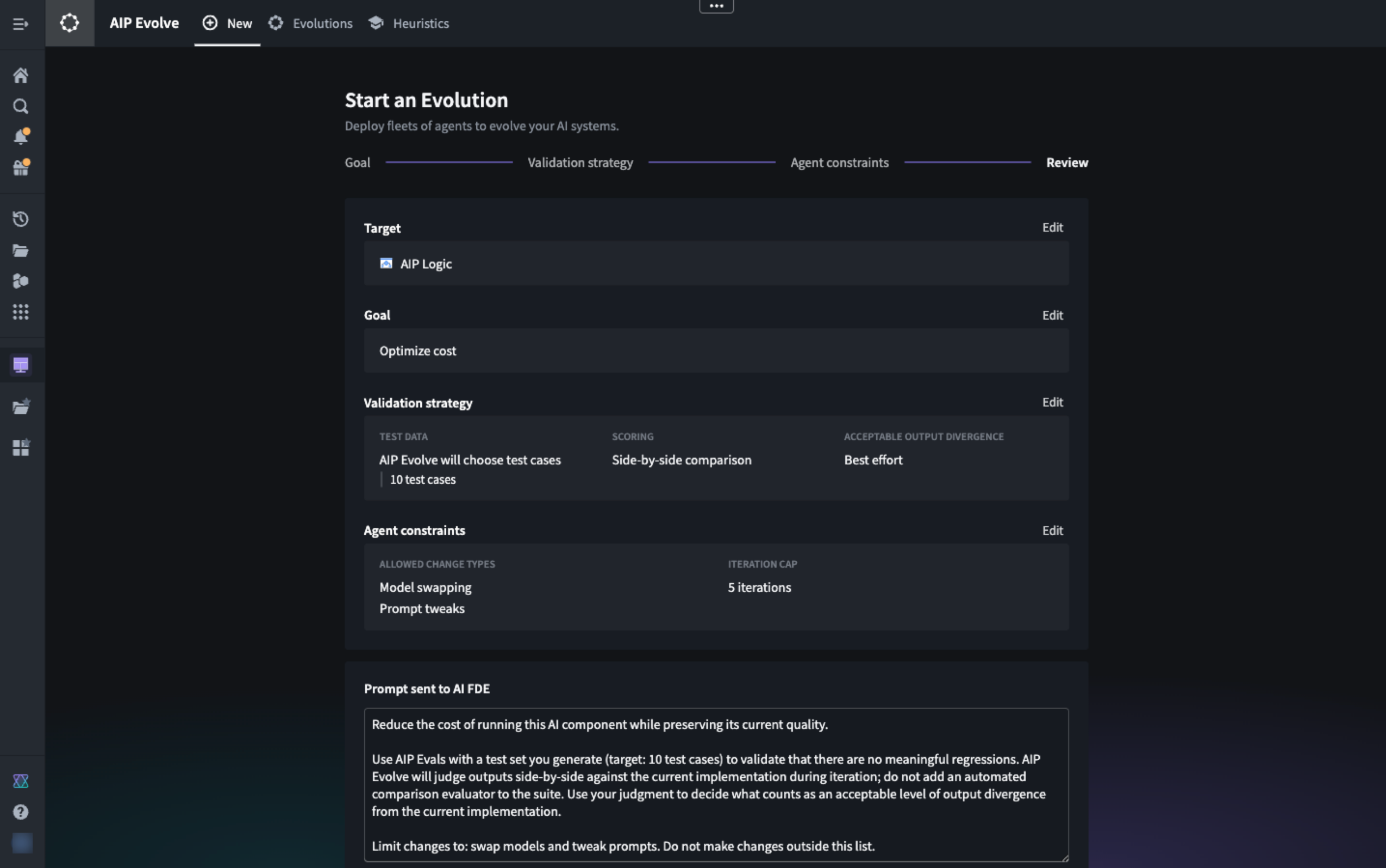 The AIP Evolve setup screen showing the Review stage with a fully specified evolution.