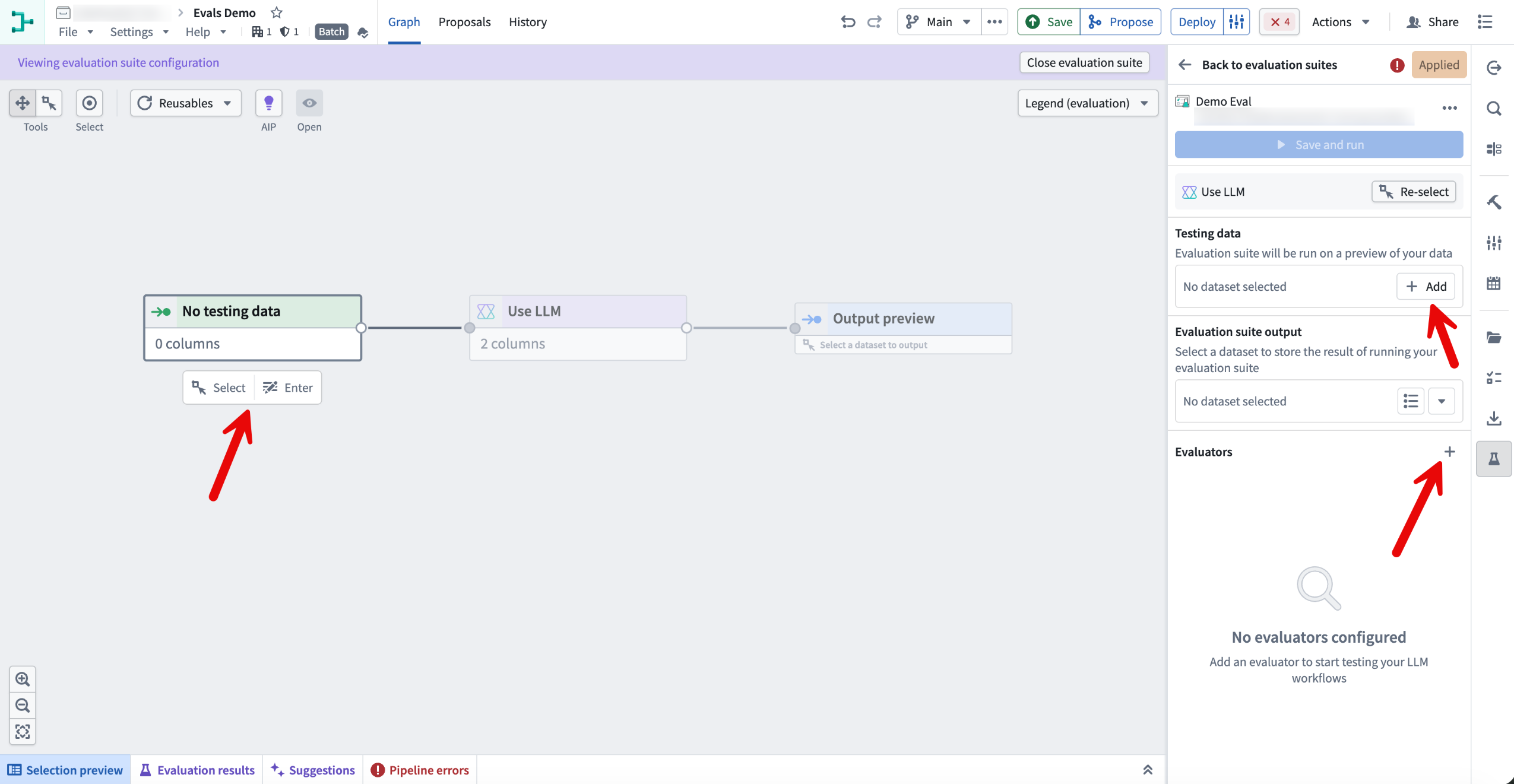Add testing data an output dataset and evaluators for a Use LLM node.