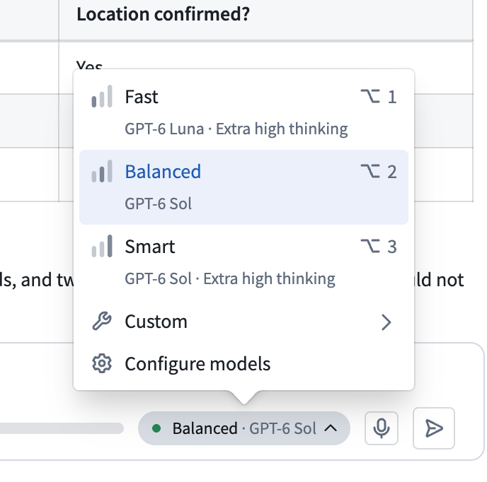 Select a Fast Balanced or Smart model depending on the task.