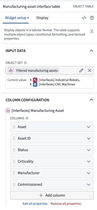 An object table widget configured with an interface object set composed of two object types implementing a manufacturing asset interface.