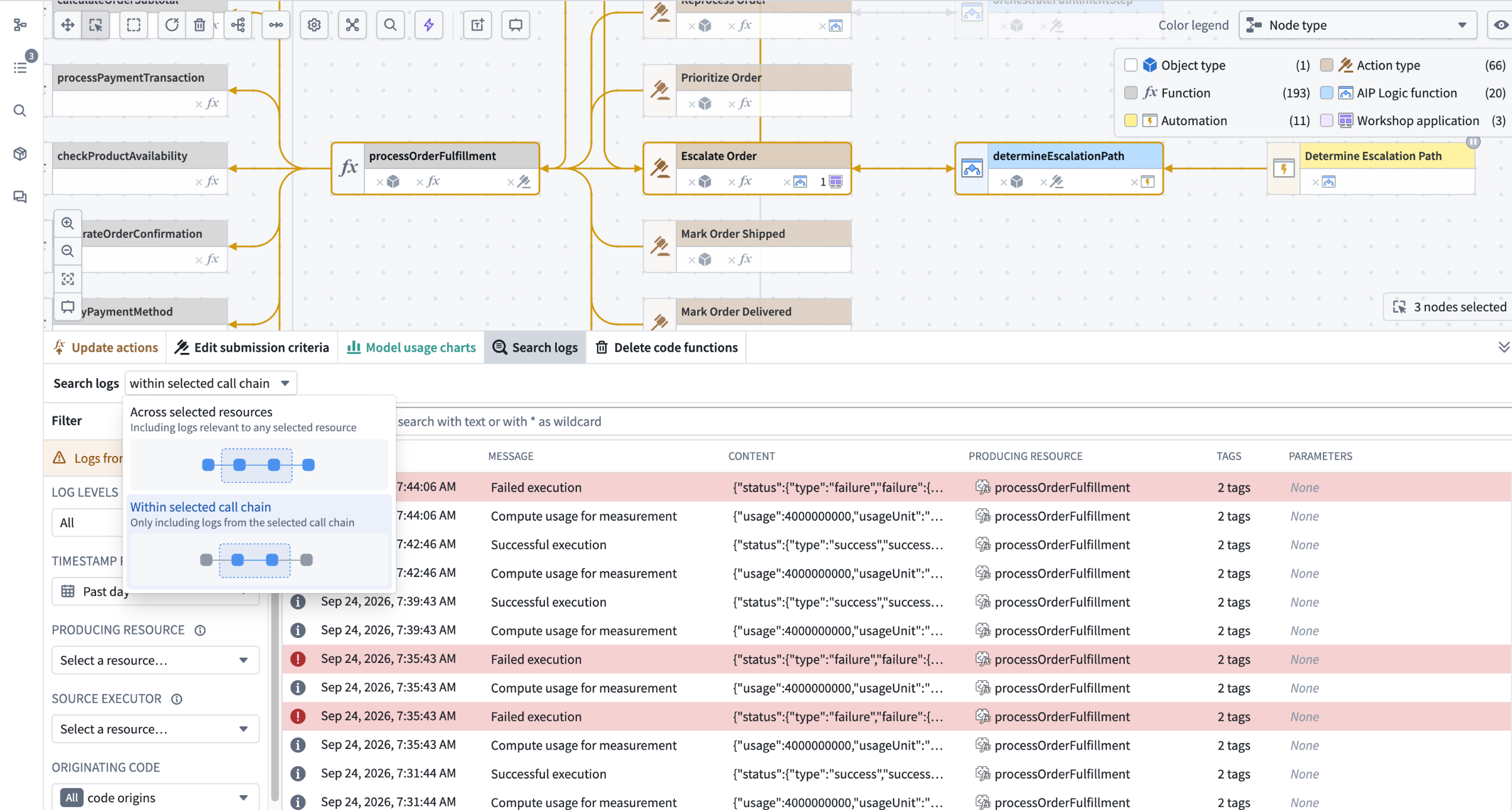 Global log search scope menu showing Across selected resources and Within selected call chain.