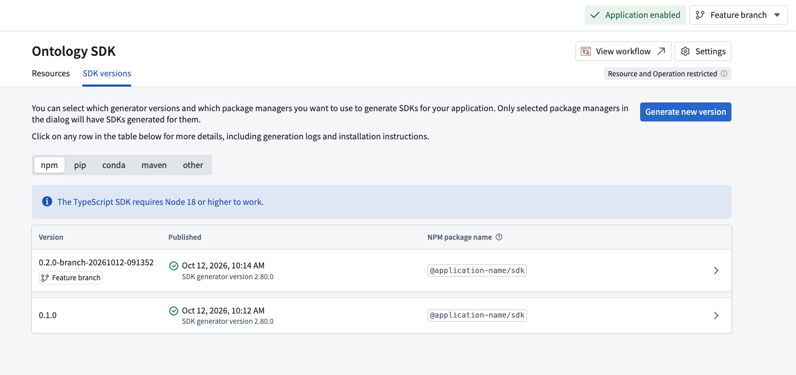The SDK versions tab in Developer Console showing an SDK version generated on a global branch named Feature branch.