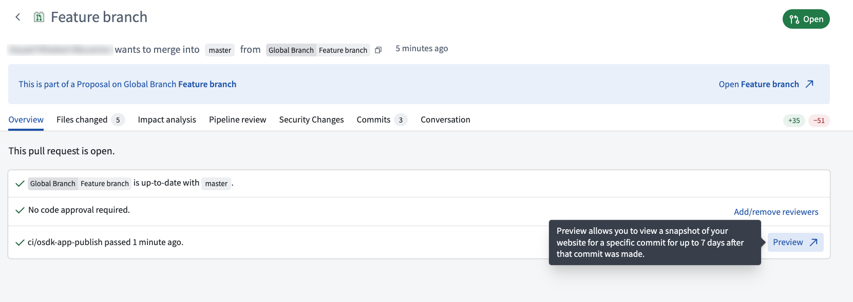 The Preview option on a global branch pull request after the application publish check succeeds.