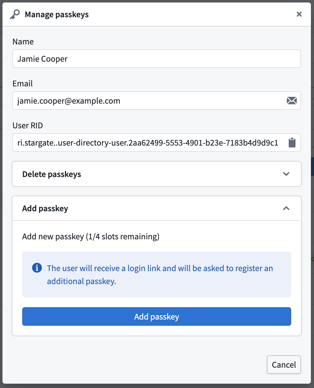 The Manage passkeys dialog with the Add passkey panel expanded, showing one of four slots remaining.