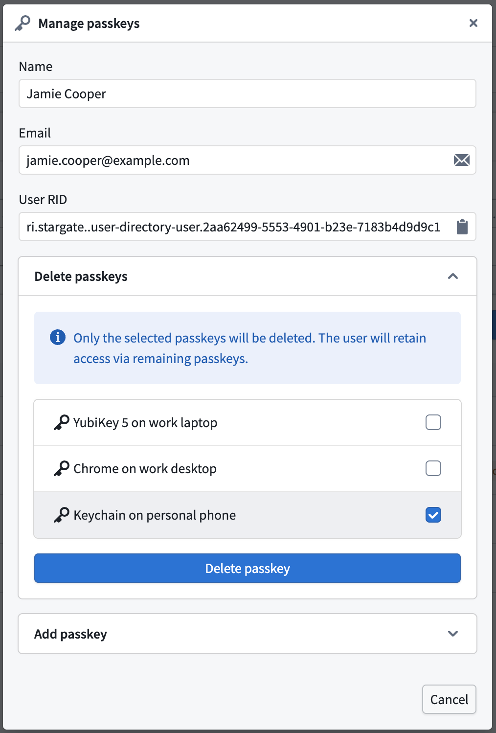 The Manage passkeys dialog with the Delete passkeys panel expanded and one passkey selected for deletion.