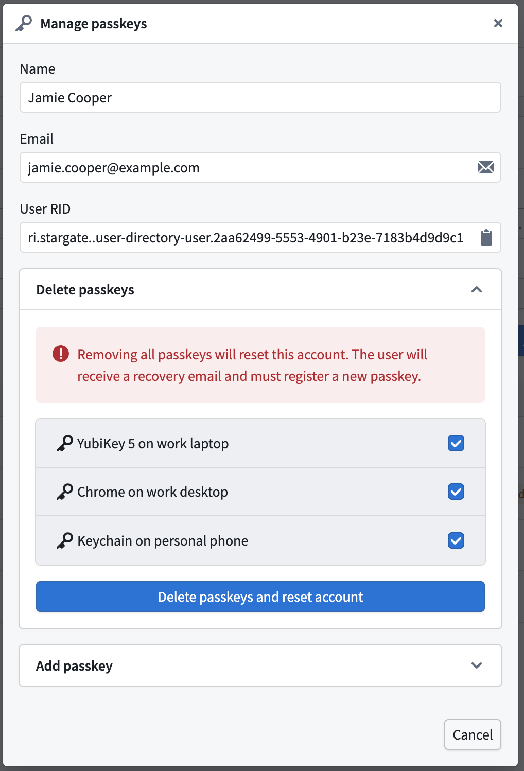 The Manage passkeys dialog with all passkeys selected, showing a warning that removing all passkeys will reset the account.