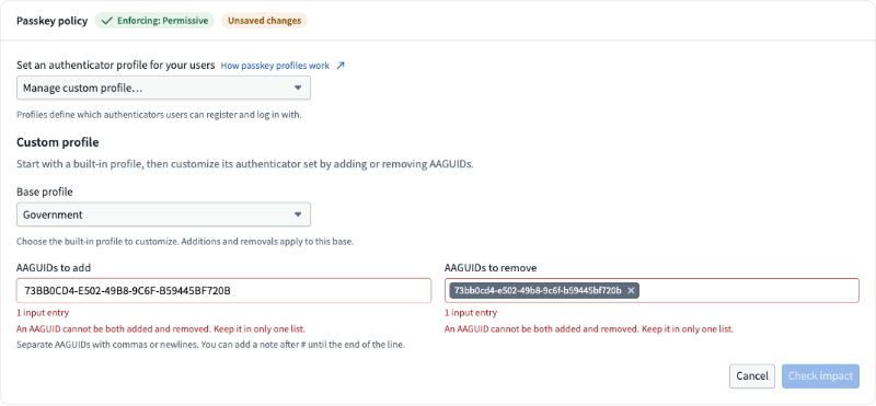 A Custom profile showing an AAGUID entered in both the add and remove lists, flagged as a conflict.