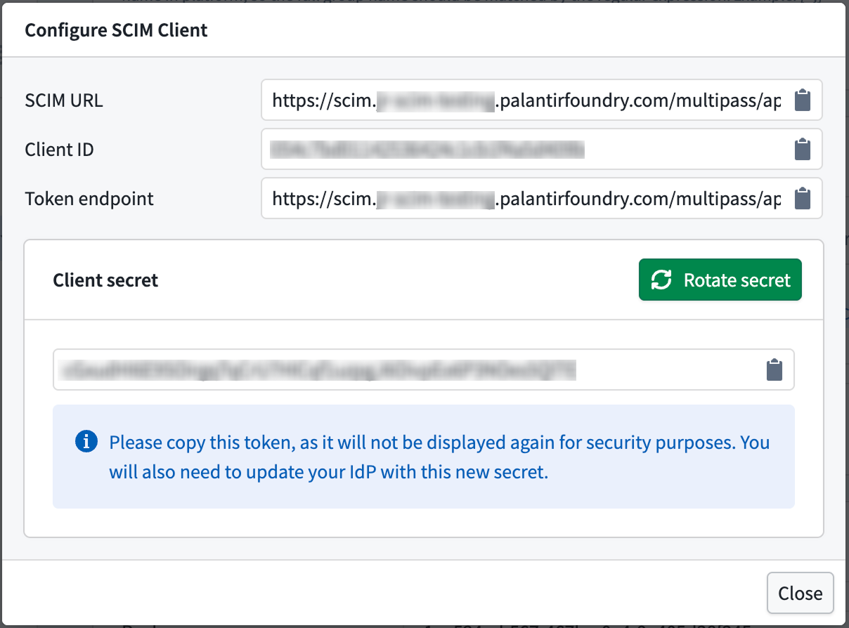 The dialog box that will appear when your SCIM client's credentials have been created.