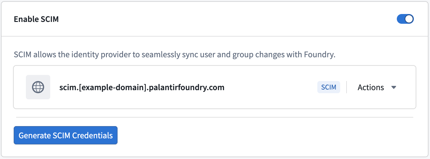 The UI to generate SCIM credentials for OAuth2 client credential grant authentication.