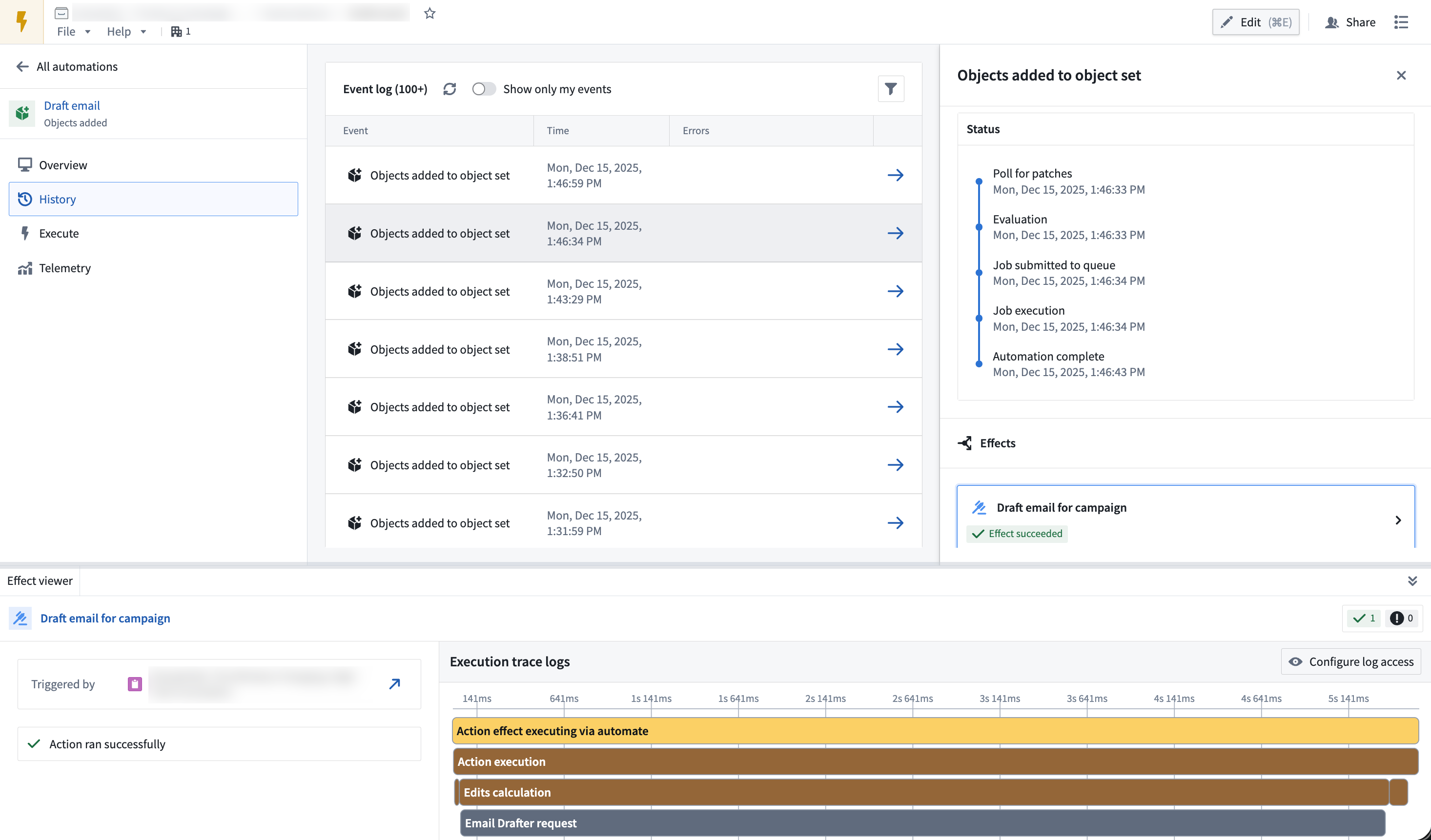 Detailed view of events and effects for an automation.