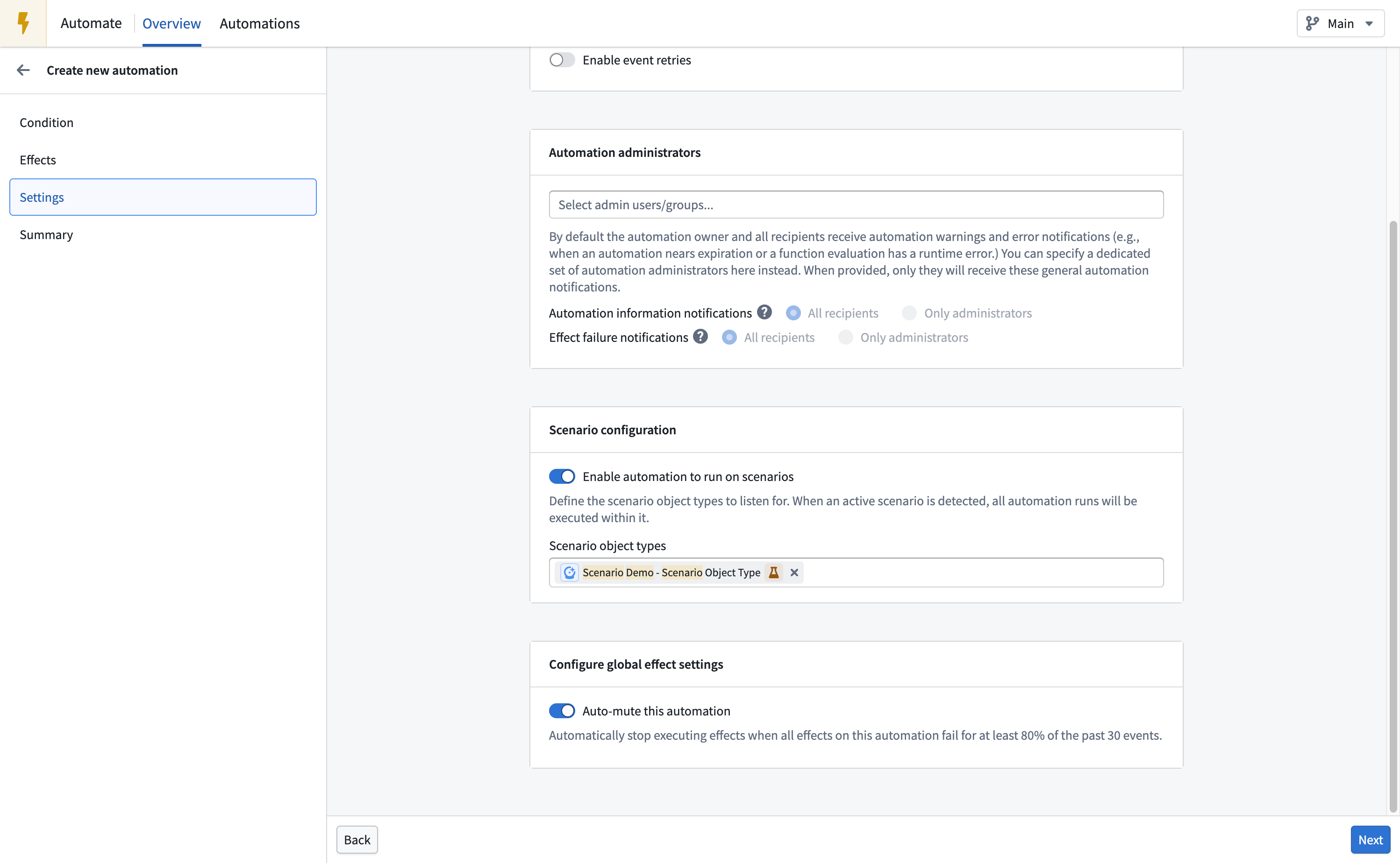 The Scenario configuration settings with Enable automation to run on scenarios enabled and a scenario object type selected.