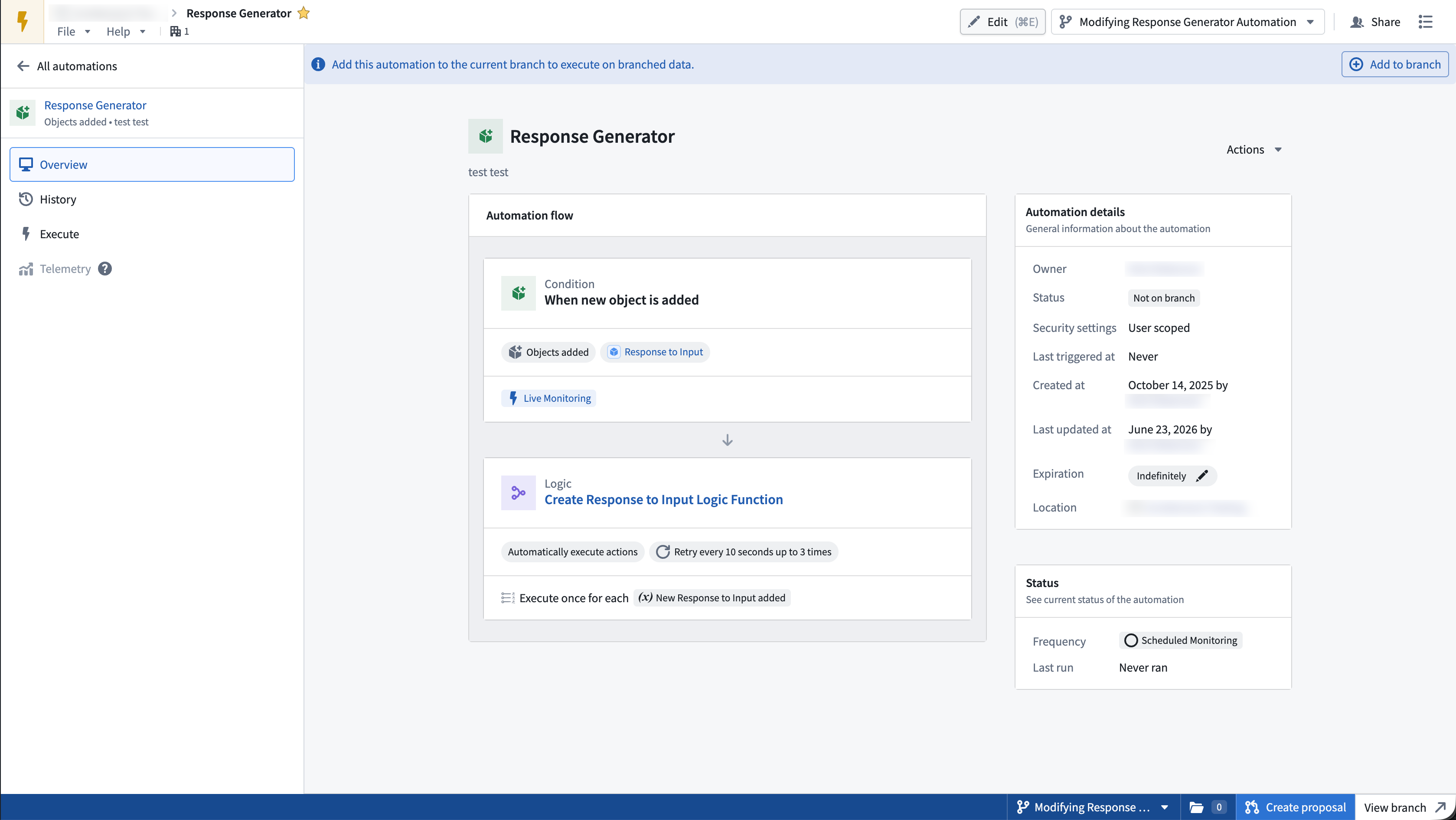 A branched automation that is not yet on the branch, showing a banner prompting you to add the automation to the current branch to execute on branched data.