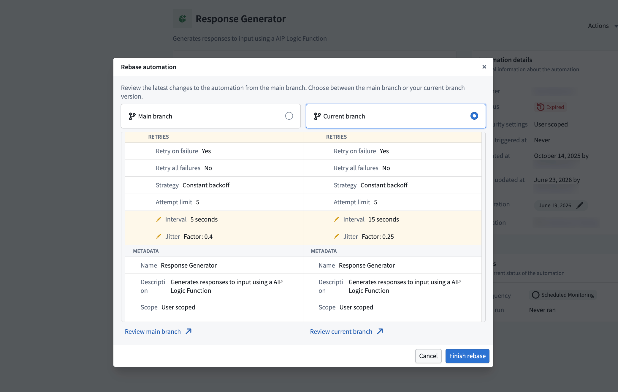 The Rebase automation dialog, showing a comparison between the main branch and current branch versions with the option to finish the rebase.