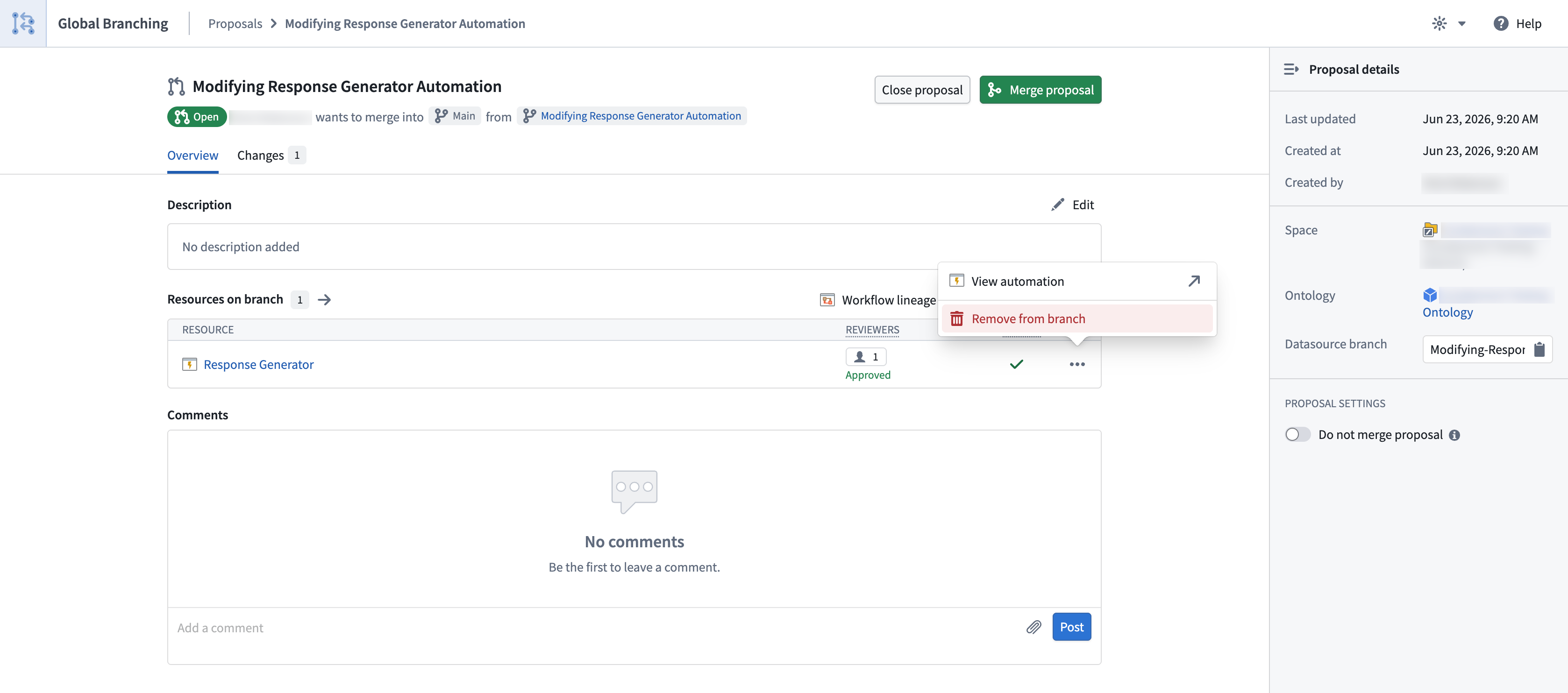 The Global Branching proposal page with the resource overflow menu open, showing the Remove from branch option.