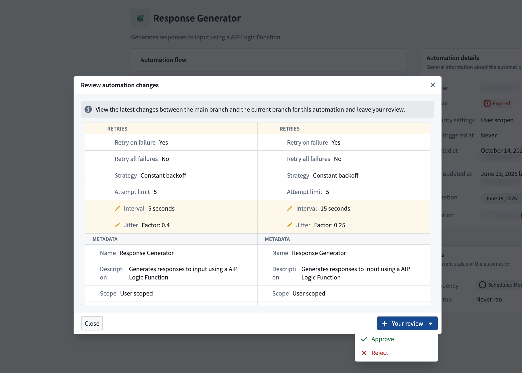 The Review automation changes dialog, showing a side-by-side comparison of the main branch and current branch with options to approve or reject the changes.