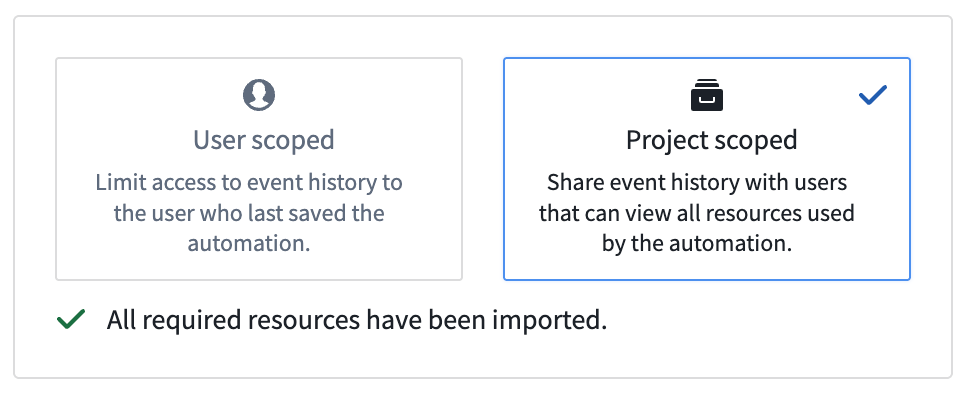 Automation scoping options, showing project-scoped automations highlighted.