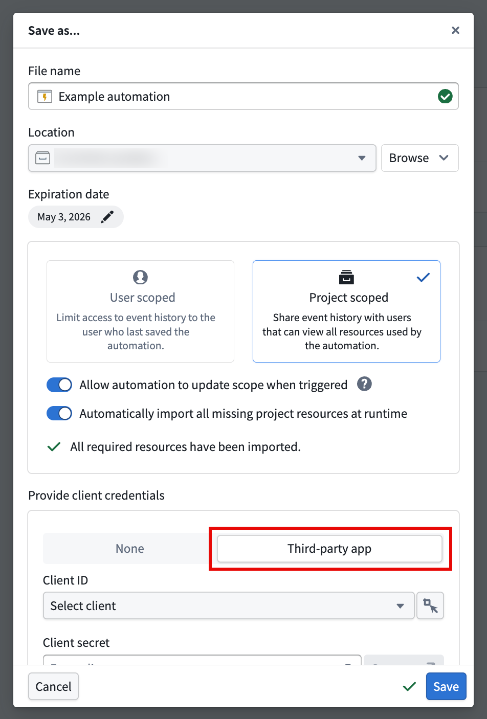 Select manage ownership to transfer ownership to a service user.