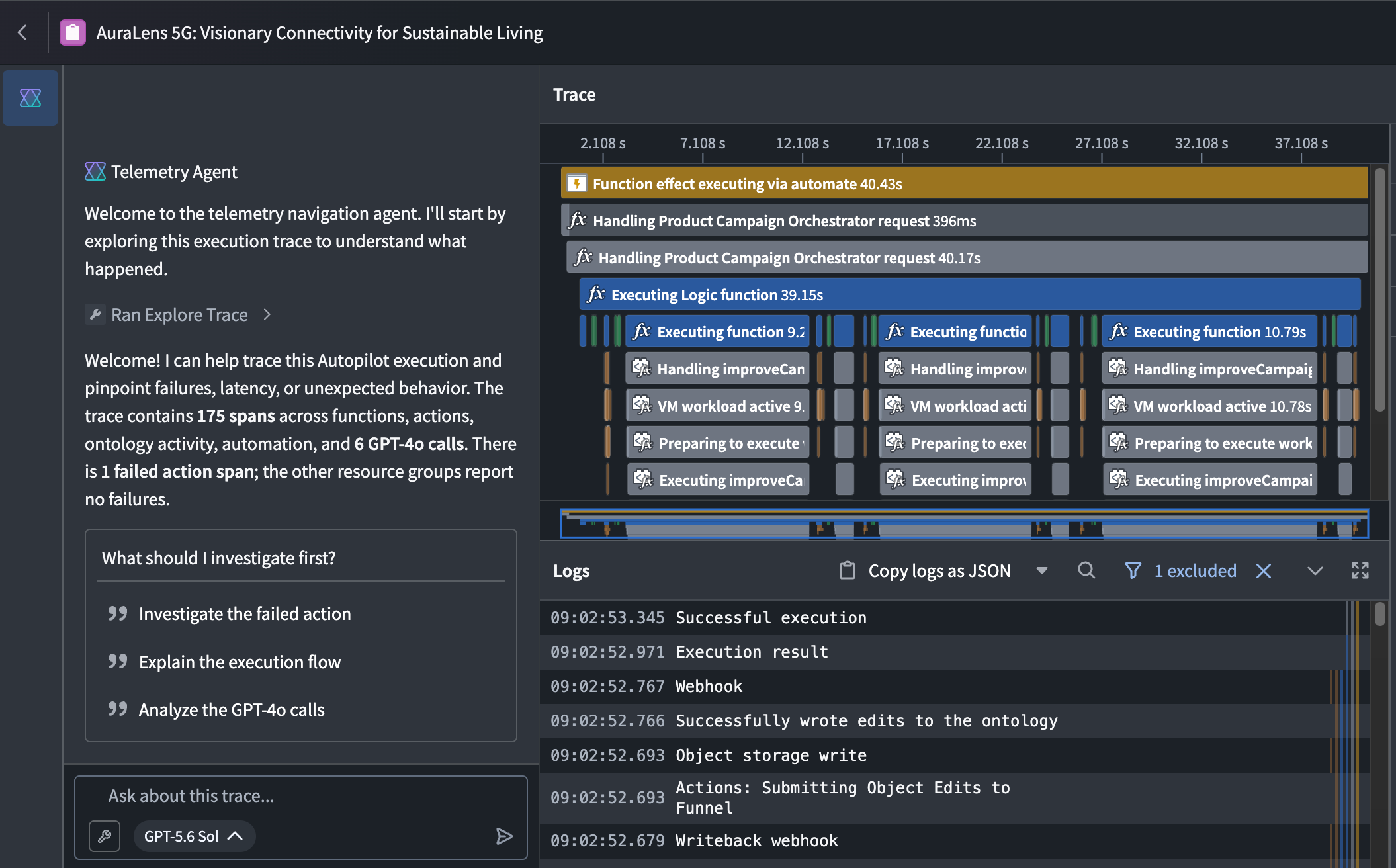 The Telemetry Agent panel displays an initial trace summary and suggested questions beside the execution trace and service logs.