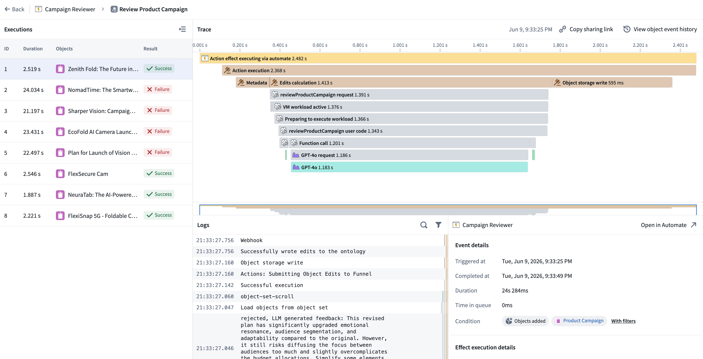 A detailed view of an automation event with debugging information.