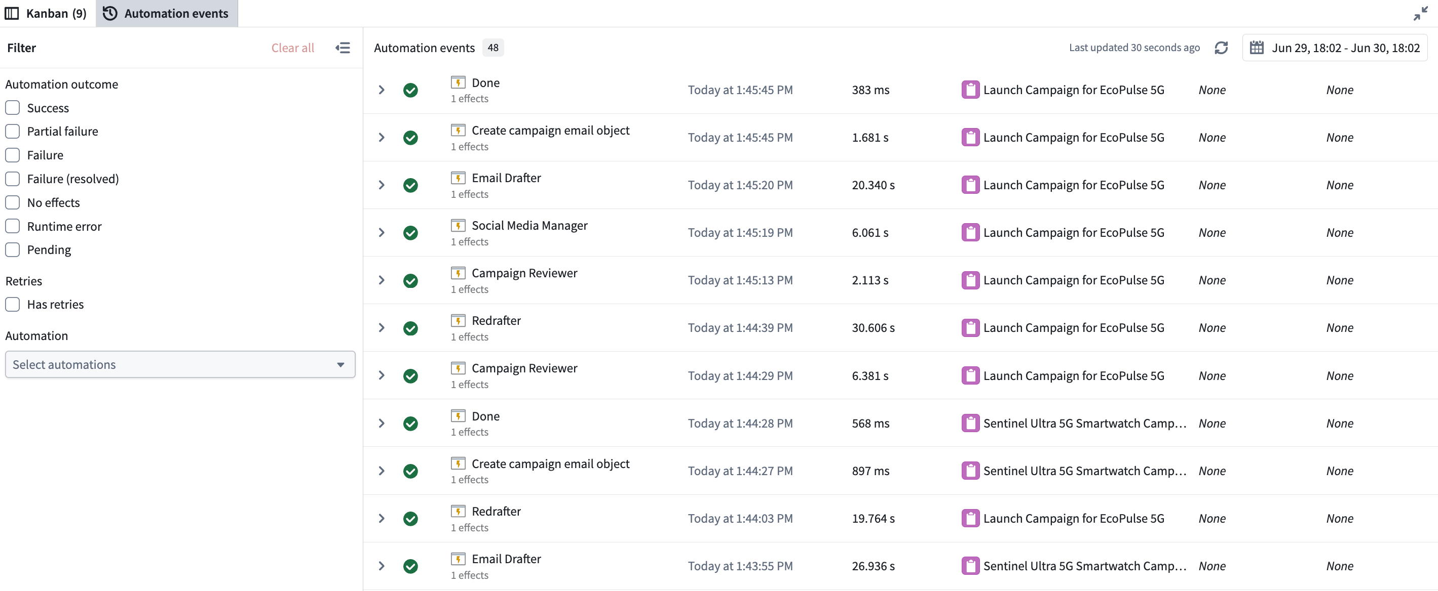 A list of recent automation events for an automation.