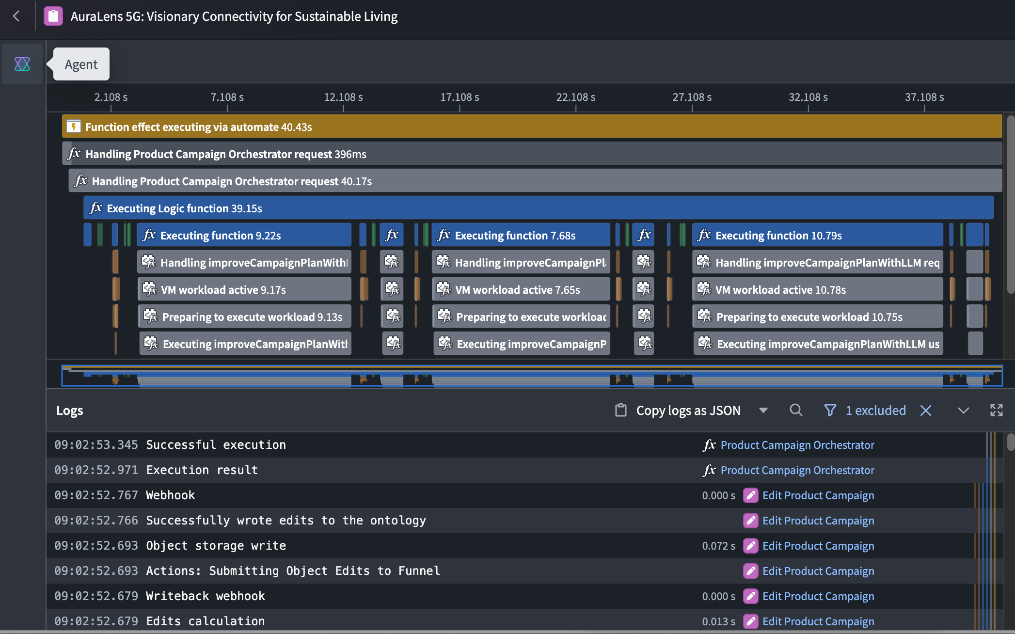 The Agent button opens the agent panel beside the execution trace.