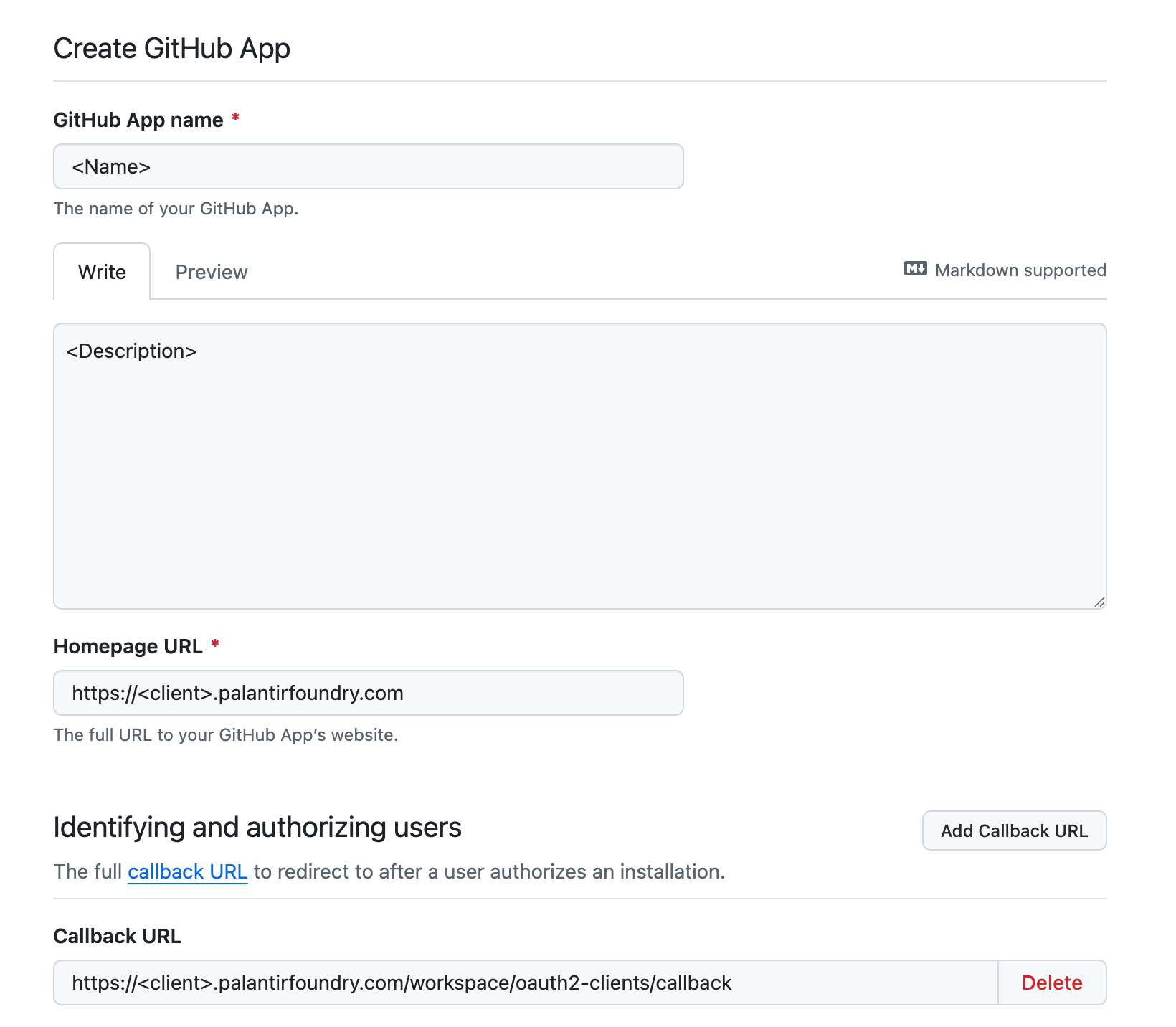 The GitHub Create GitHub App form, showing the app name, homepage URL, and callback URL fields.