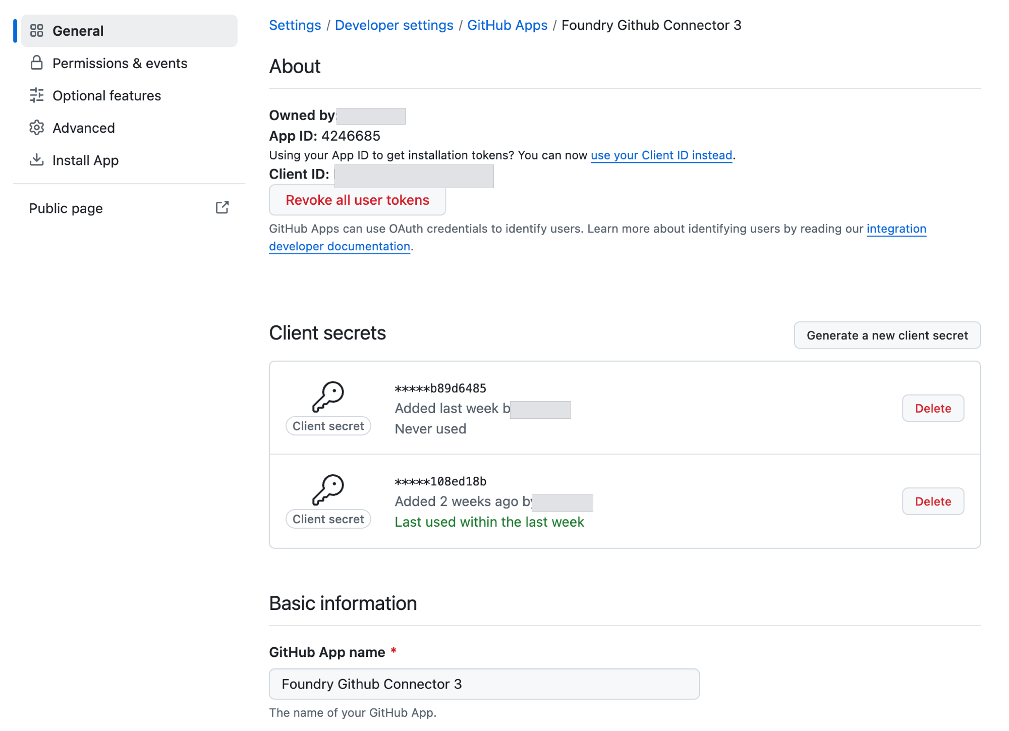 The GitHub App General page, showing the Client ID and Client secrets sections.