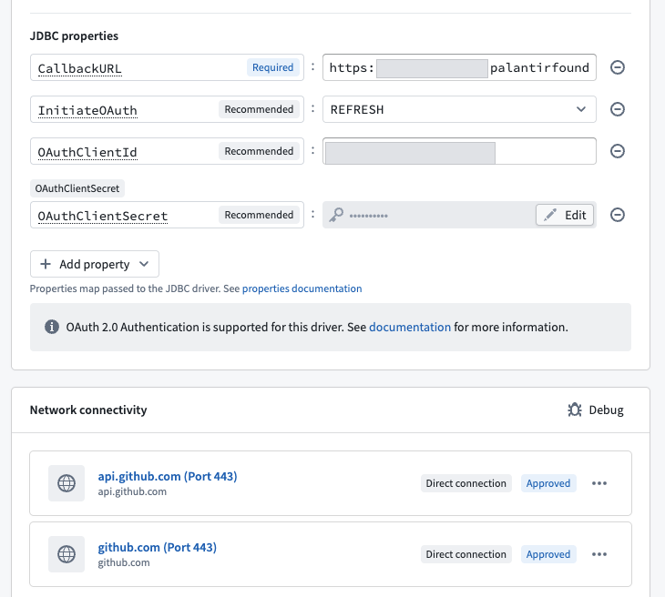 The Foundry GitHub source connection settings, showing the OAuth client ID, client secret, and callback URL properties alongside the approved egress policies.