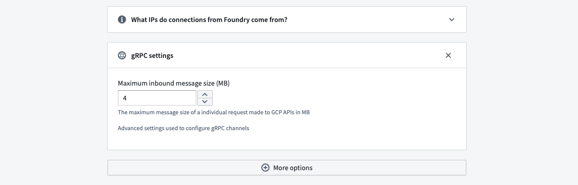 The gRPC settings setting section in the BigQuery connection settings.