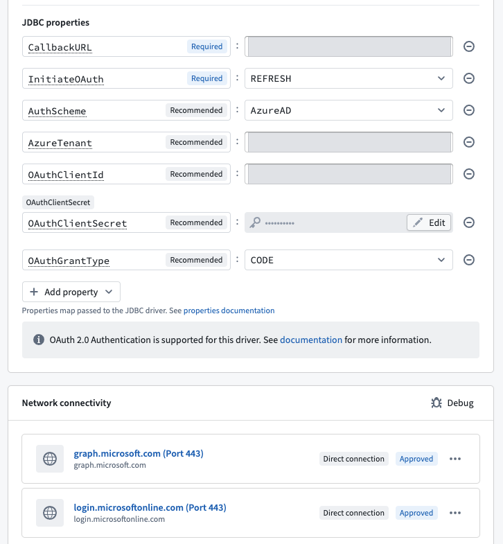 The Foundry Microsoft Teams source connection settings with AuthScheme set to AzureAD, alongside its approved network egress to graph.microsoft.com and login.microsoftonline.com.