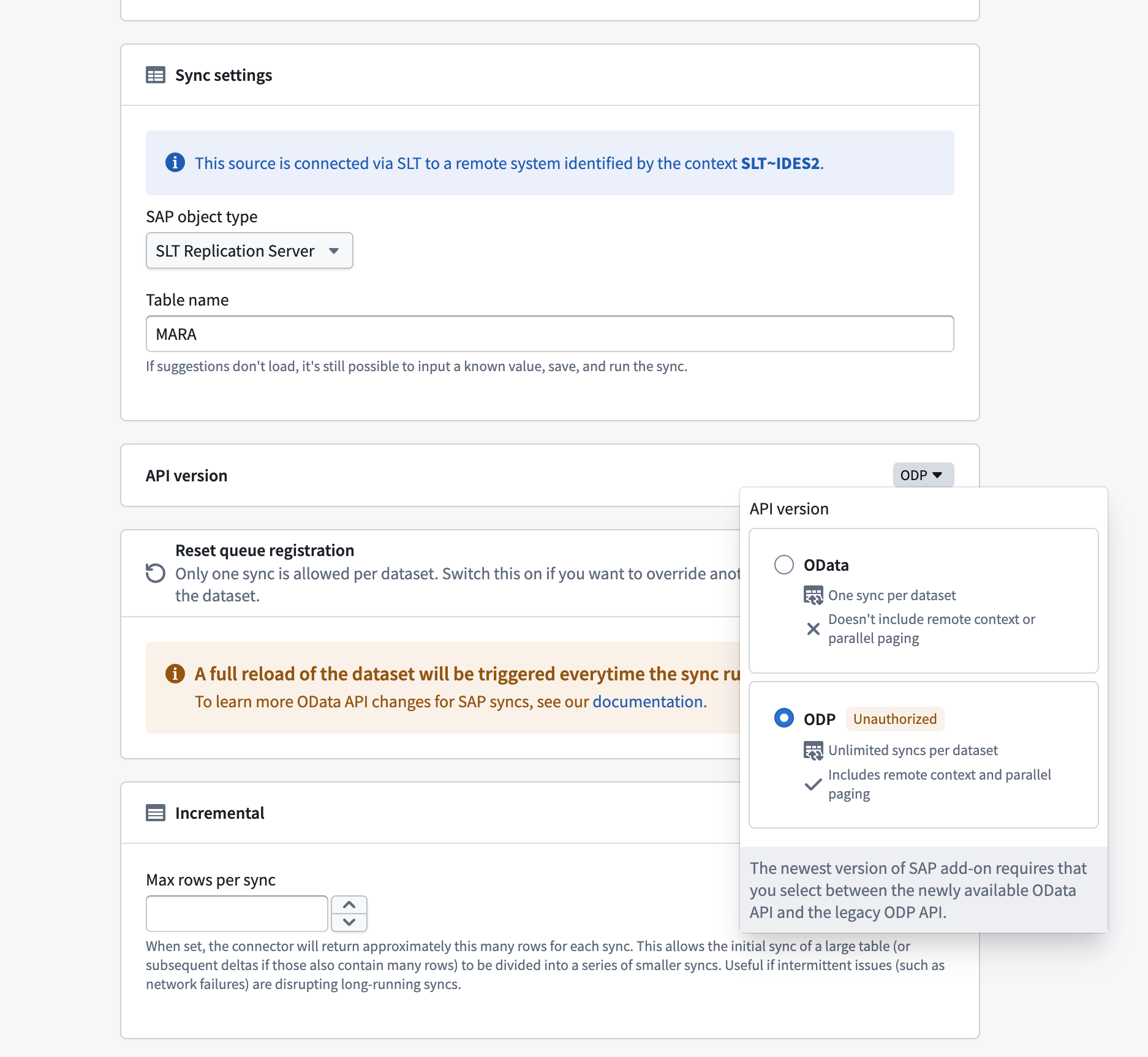 Sync settings showing the API version selector with OData and ODP (legacy) options.