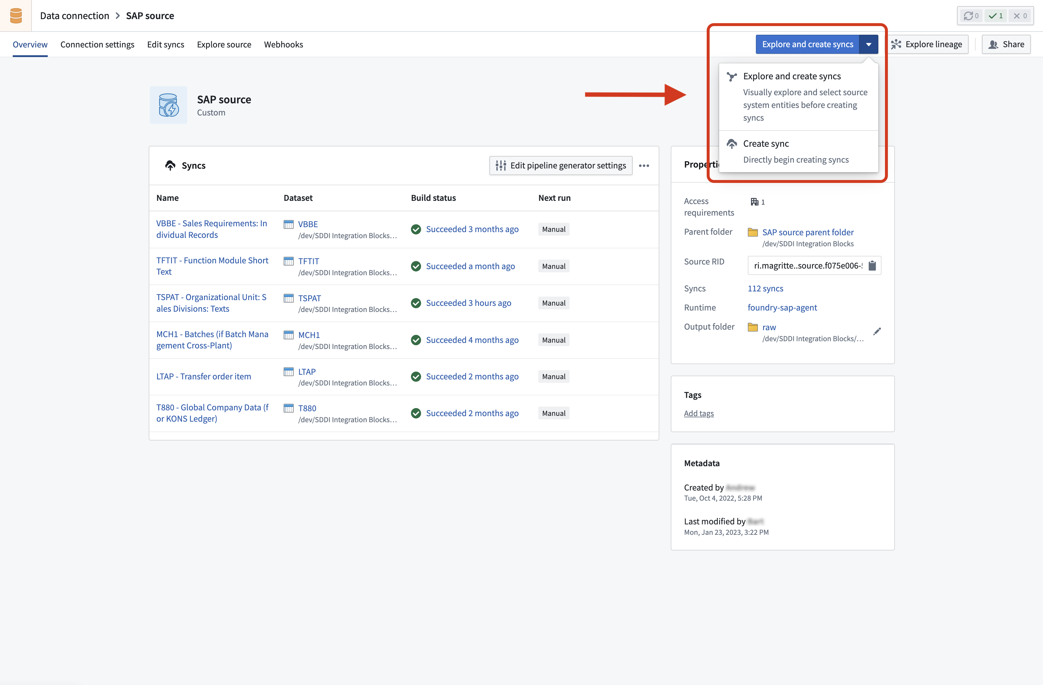 Explore SAP Source button on the source overview page.