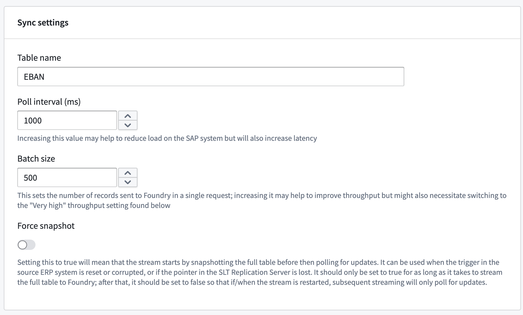 Streaming sync settings showing the table name input.
