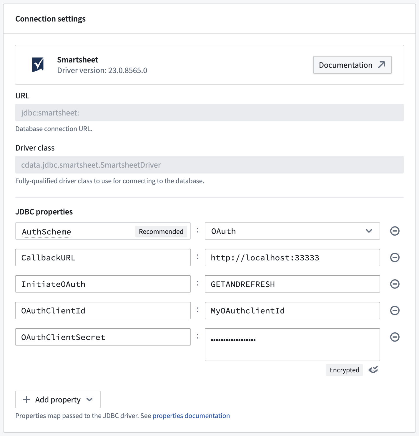 Smartsheet connection settings.