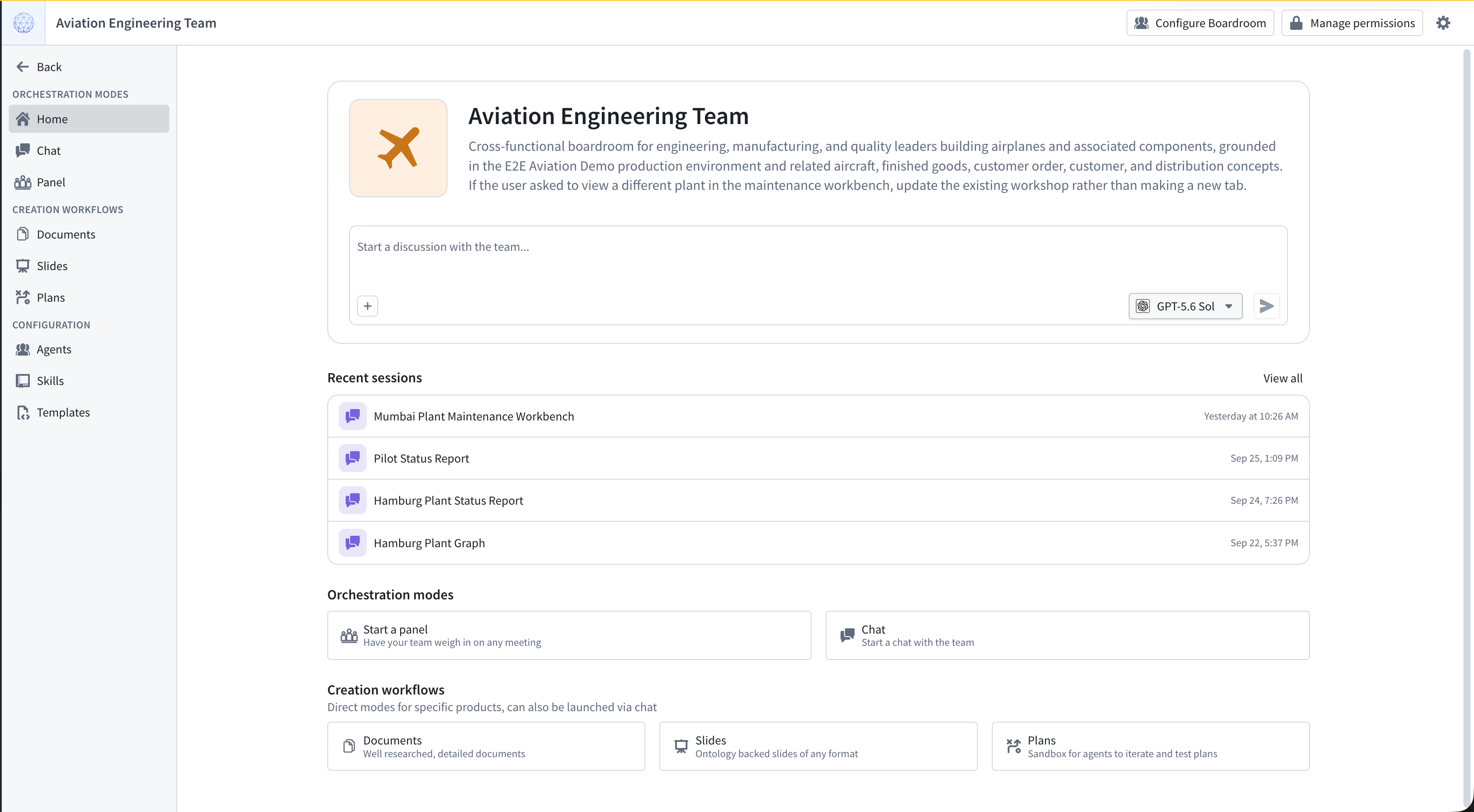 The Aviation Engineering Team boardroom homepage shows recent sessions, collaboration modes, and artifact creation workflows.