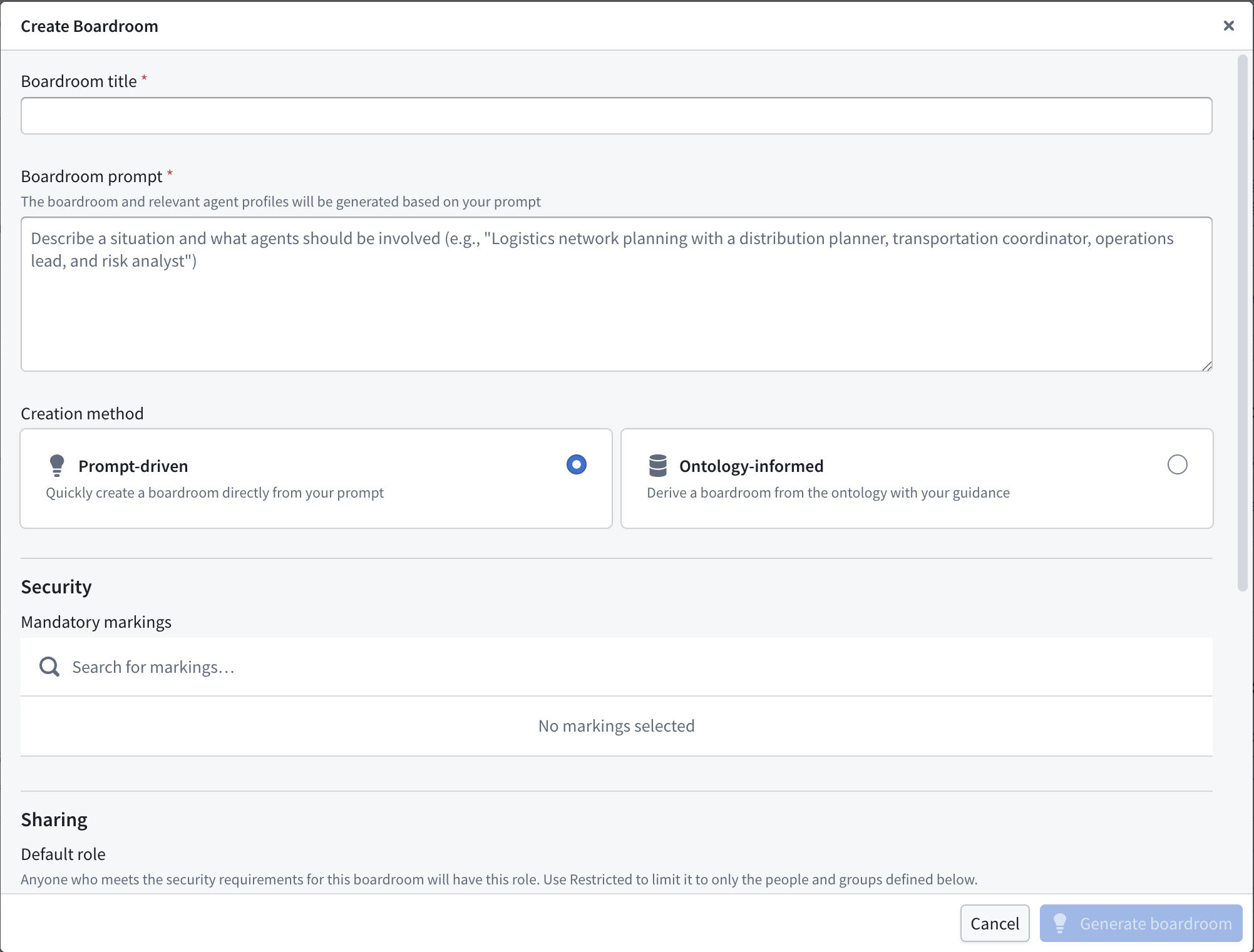 The Create Boardroom dialog contains title and prompt fields, creation methods, and security settings.