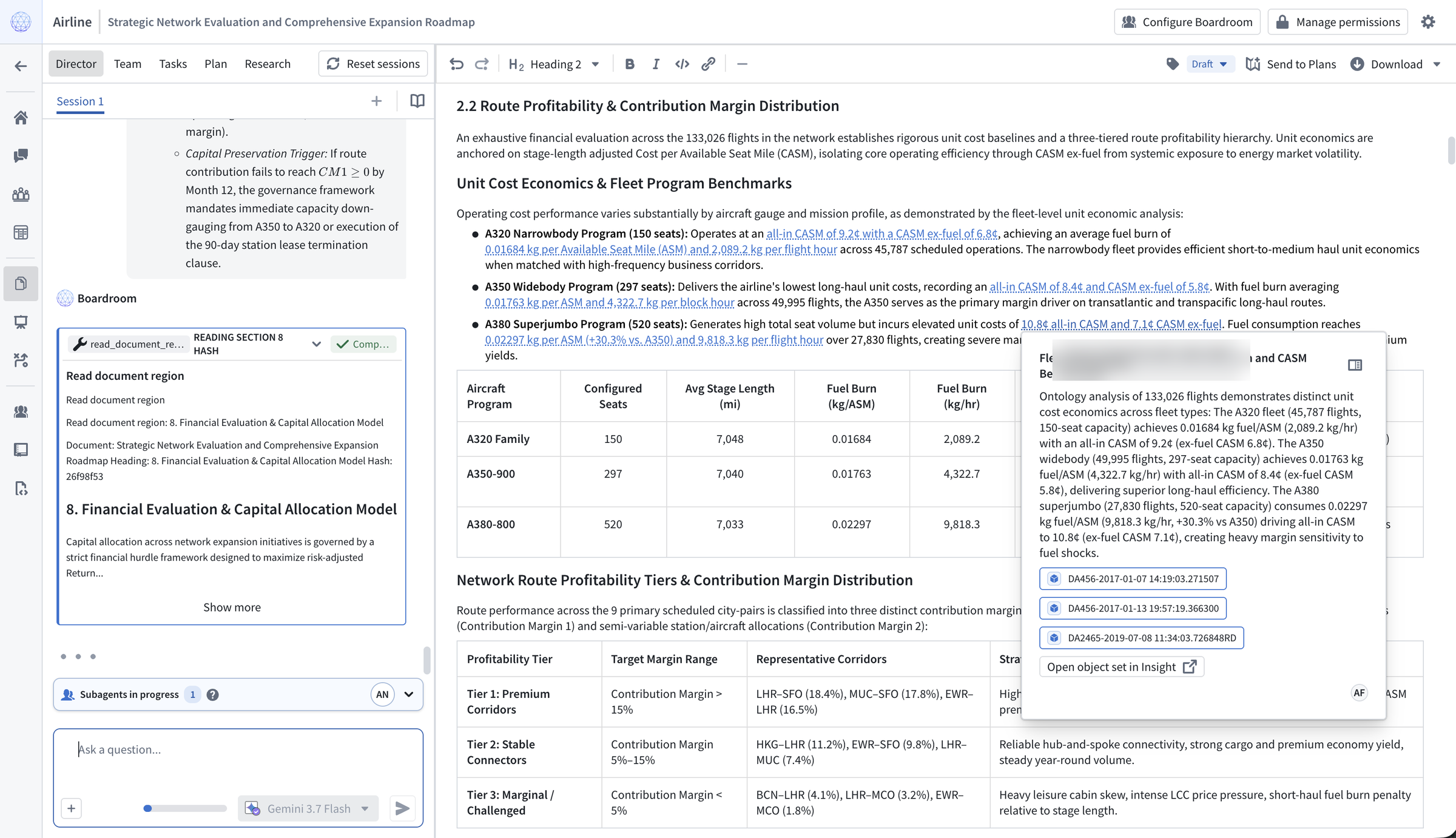 A document writing session in a boardroom displays an editable report alongside the director's research activity and citations.